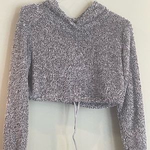 SHEIN fluffy cropped hoodie, woman’s size S. Variegated gray. Love sleeve. VGUC